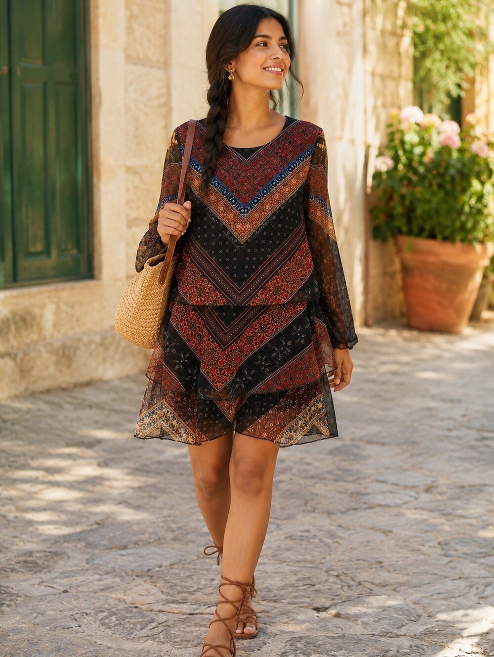 DESIGUAL Boho Layered Earth coloured dress Sheer long sleeves  Sz L-XL